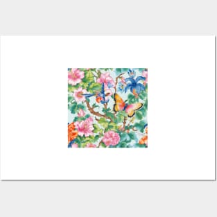 Modern chinoiserie flowers, birds and butterflies pattern Posters and Art